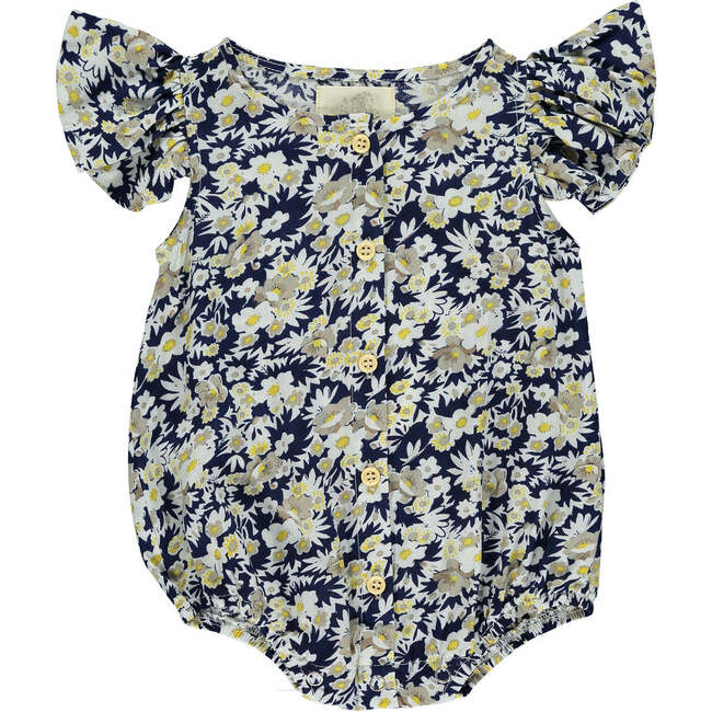 Cammie Floral Print Flutter Sleeve Buttoned Bubble, Navy