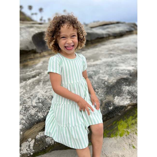 Iona Striped Short Sleeve 3-Tired Dress, Green & Cream - Dresses - 2