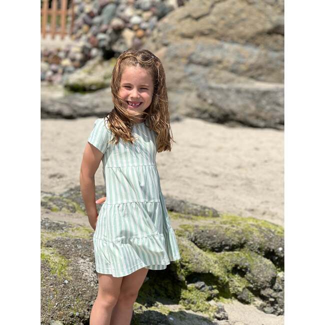 Iona Striped Short Sleeve 3-Tired Dress, Green & Cream - Dresses - 3