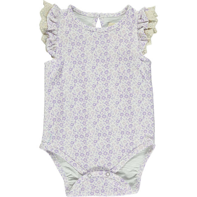 Amber Ruffle Sleeve Lace Trim Onesie, Lavender Ditsy Floral