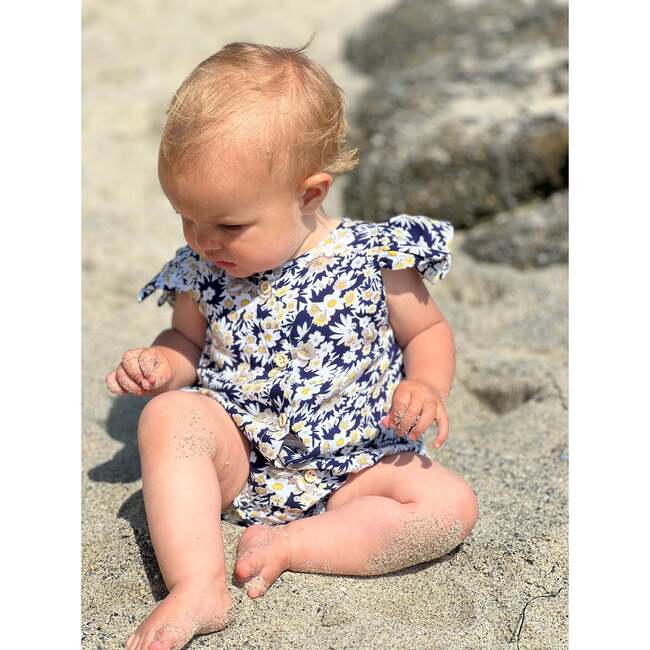 Cammie Floral Print Flutter Sleeve Buttoned Bubble, Navy - Onesies - 3