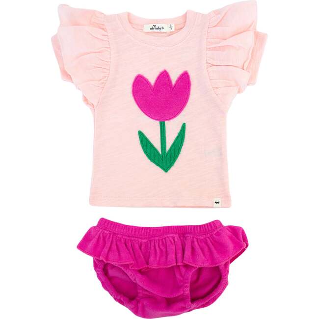 Tulip Terry Applique Butterfly Sleeve Tee Skirted Tushie Set, Cotton Candy