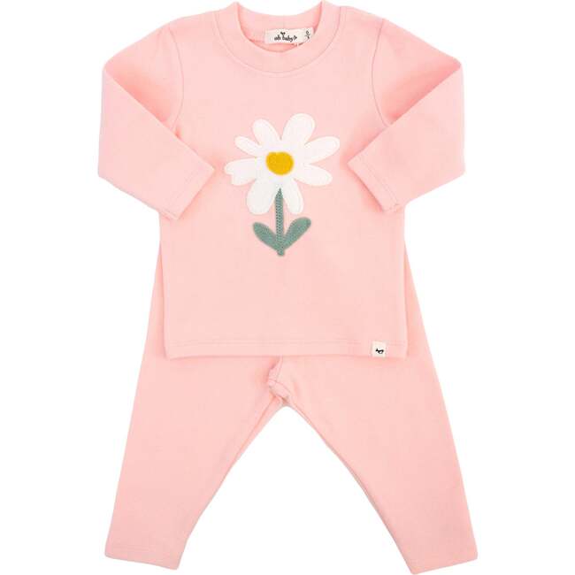 White Daisy Terry Applique Two Piece Set, Pale Pink