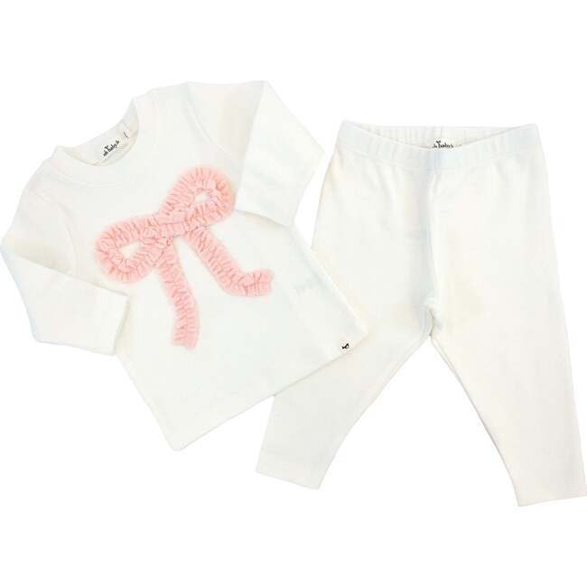 Ruffle Bow Terry Applique Two Piece Set, Cream - Mixed Apparel Set - 2