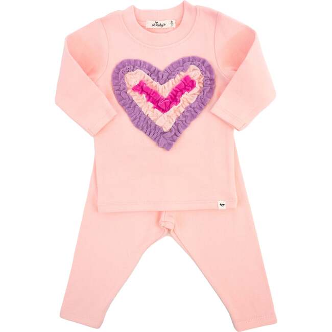 Multi Ruffle Heart Terry Applique Two Piece Set, Pale Pink