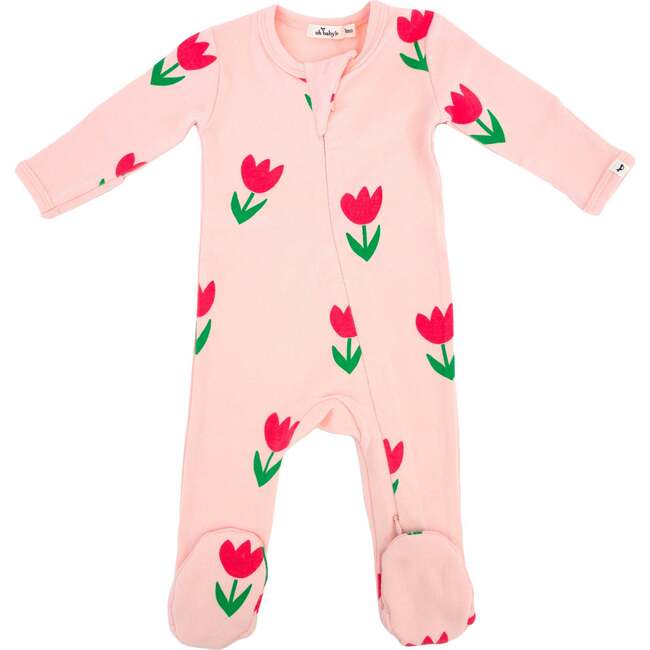 Cotton Candy Pink Tulips Print Zipper Footie, Pale Pink