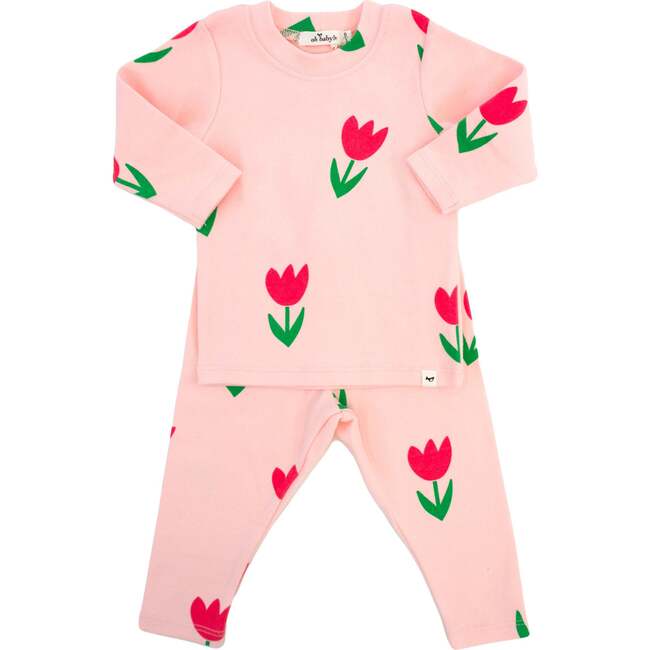 Cotton Candy Pink Tulips Print Two Piece Set, Pale Pink