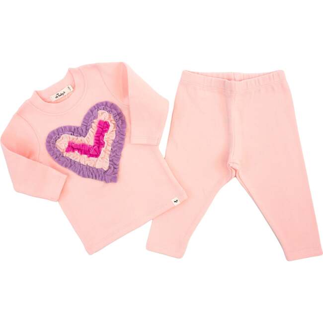 Multi Ruffle Heart Terry Applique Two Piece Set, Pale Pink - Mixed Apparel Set - 2