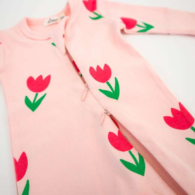 Cotton Candy Pink Tulips Print Zipper Footie, Pale Pink - Footie Pajamas - 3