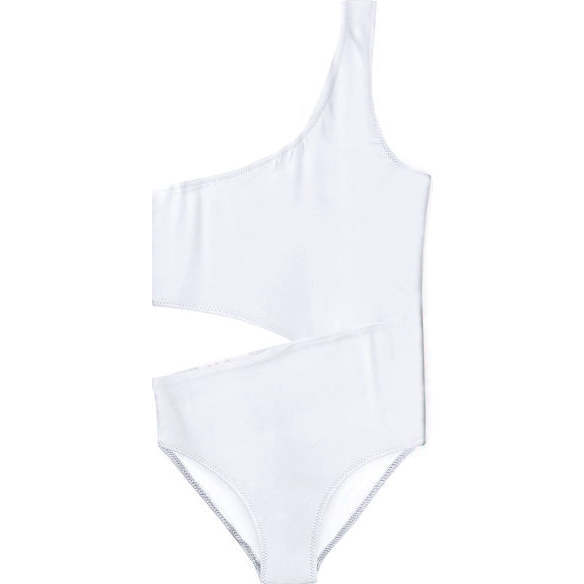 Side-Cut One Shoulder Sleeveless Swimsuit, White