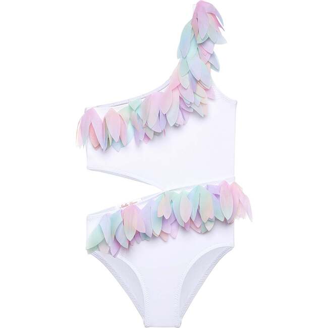 Unicorn Petal Trim Side-Cut One Shoulder Sleeveless Swimsuit, White