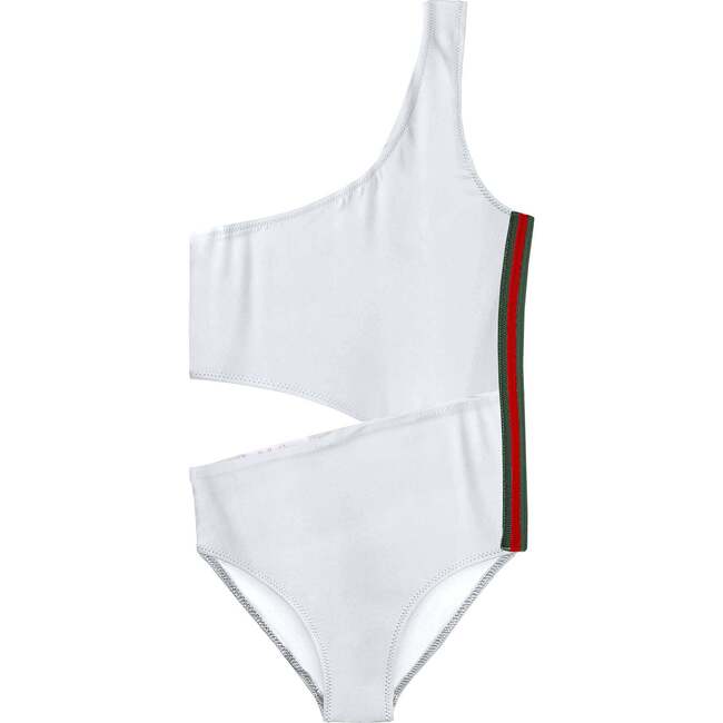 Side-Cut Side-Stripe One Shoulder Sleeveless Swimsuit, White, Green & Red