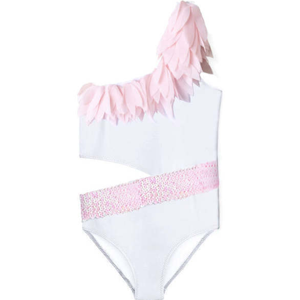 Petal Trim Side-Cut Sequin Belt Swimsuit, White & Pink