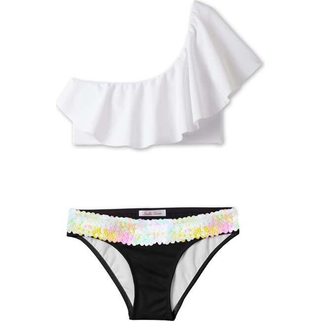 Ruffle One Shoulder Sleeveless Top & Sequin Belt Waist Bikini, White & Black