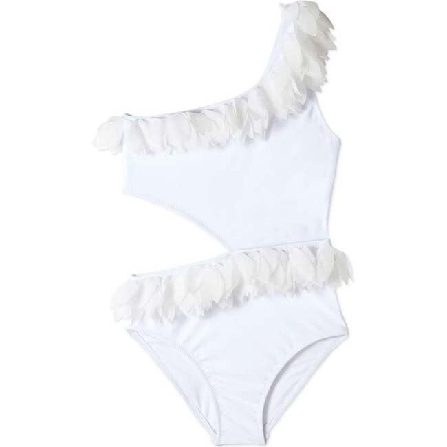 Petal Trim Side-Cut One Shoulder Sleeveless Swimsuit, White