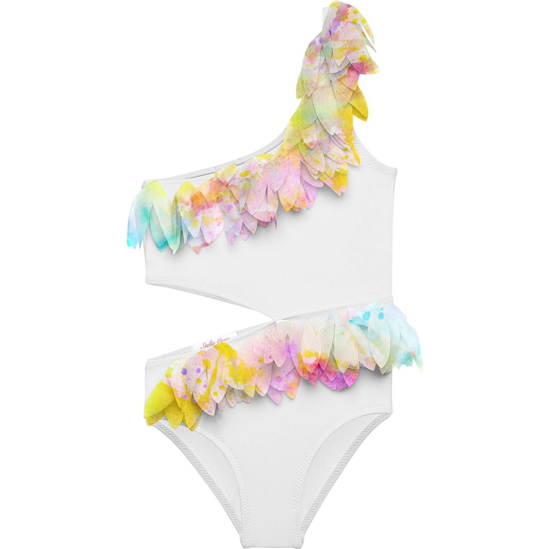 Citrus Petal Trim Side-Cut One Shoulder Sleeveless Swimsuit, White - One Pieces - 1
