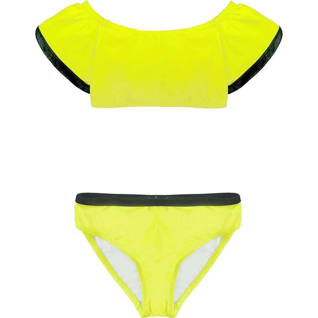 Contrast Trim Final Flutter Sleeve Bikini, Neon Yellow & Black
