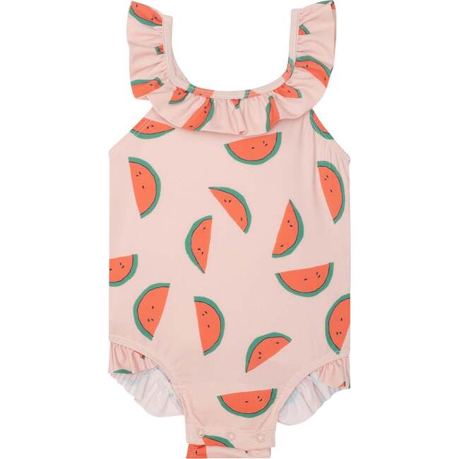 Recycled Polyester Watermelon Slices Ruffle Baby Swimsuit, Pink