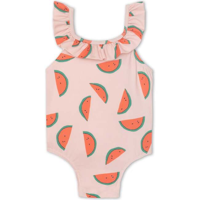 Recycled Polyester Watermelon Slices Ruffle Kid Swimsuit, Pink