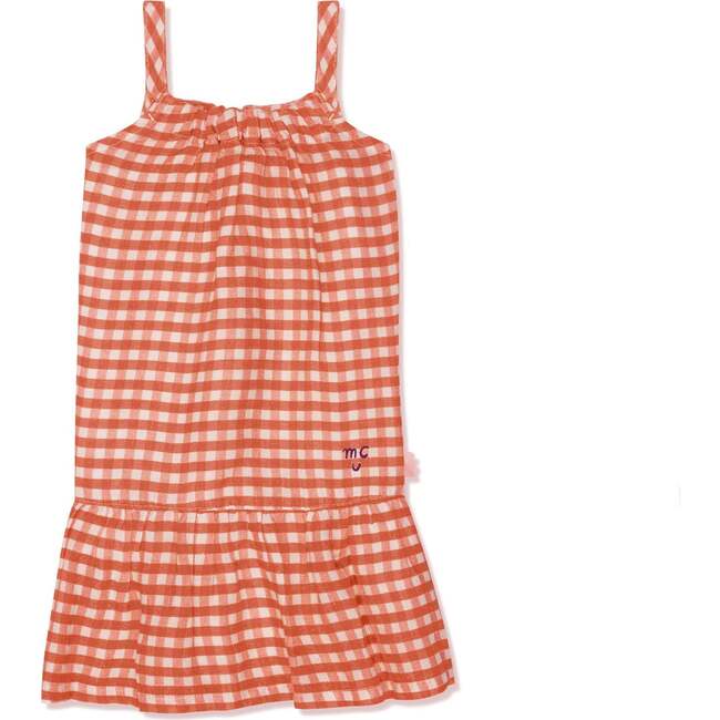 Recycled Polyester Gingham Linen Kid Dress, Misty Rose