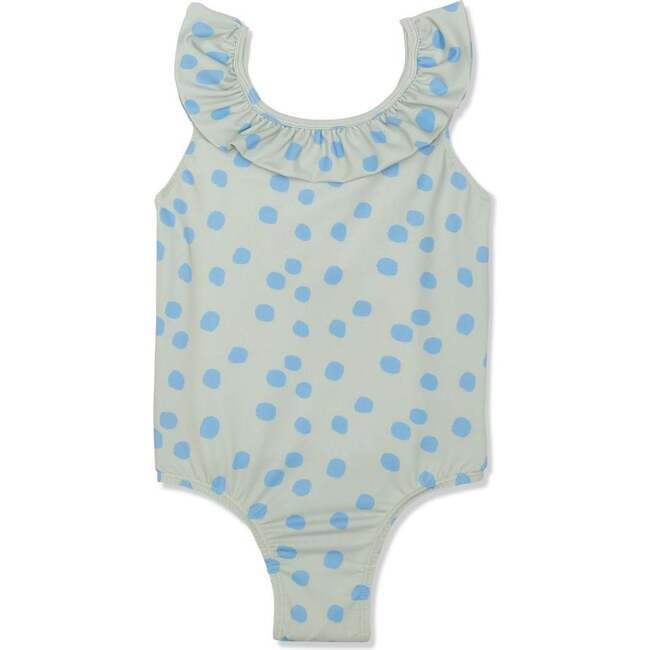 Recycled Polyester Dotted Ruffle Kid Swimsuit, Sea Foam