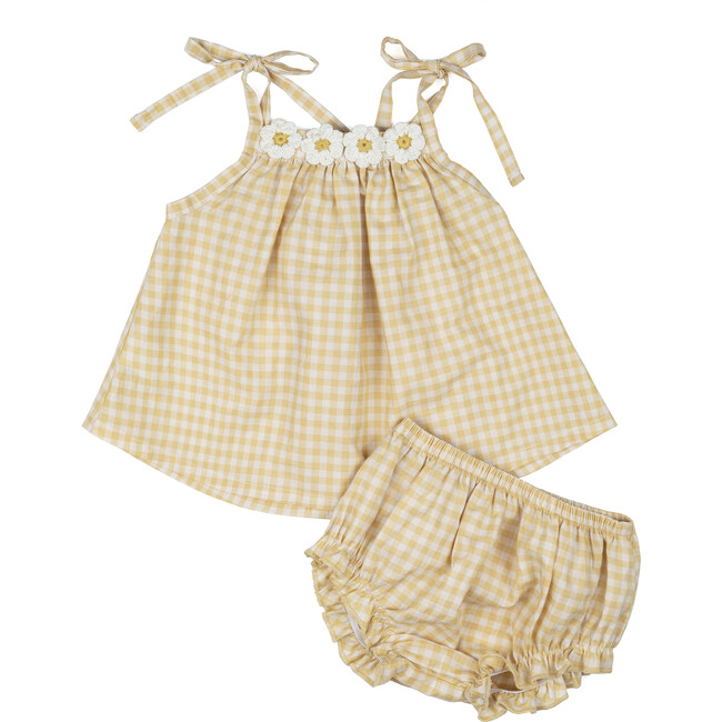 White Daisy Two Piece Set, Chamomile Gingham