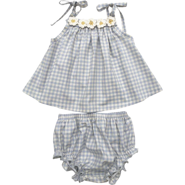 White Daisy Two Piece Set, Blue Gingham