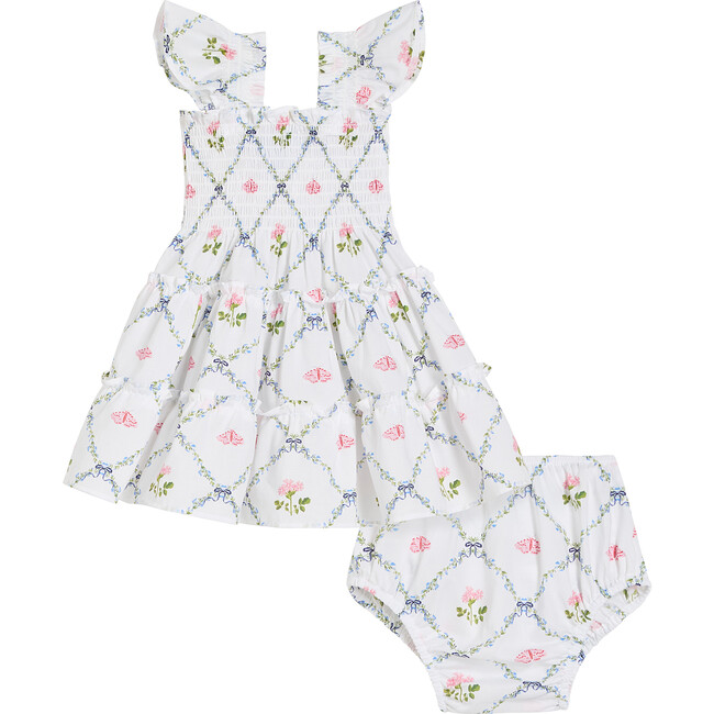 The Baby Ellie Butterfly Trellis Print Nap Dress, White
