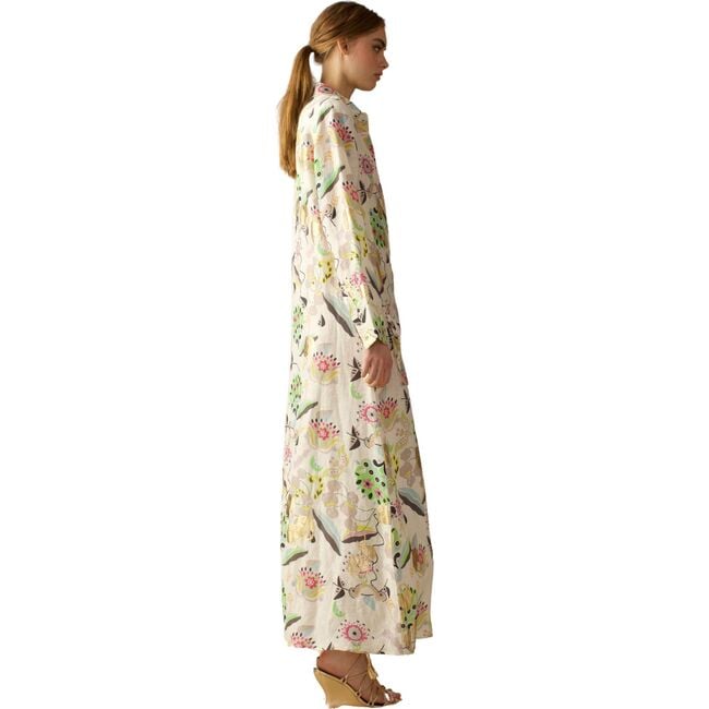 Women's Silk Linen Floral Shirt Dress, White - Dresses - 3