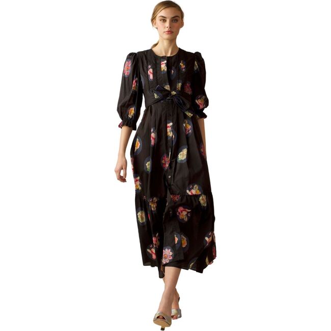 Women's Izra Pintuck Floral Print Cotton Dress, Black