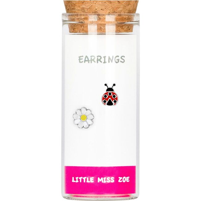 Stud Earrings In A Bottle, Flower & Ladybug