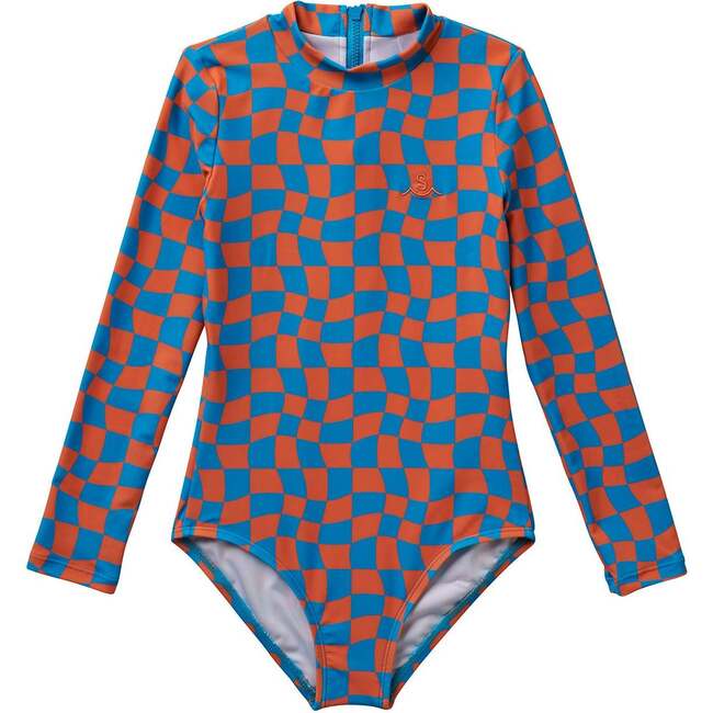 Wavy Checks Long Sleeve One Piece Swimsuit, Coral