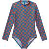 Wavy Checks Long Sleeve One Piece Swimsuit, Coral - One Pieces - 1 - thumbnail