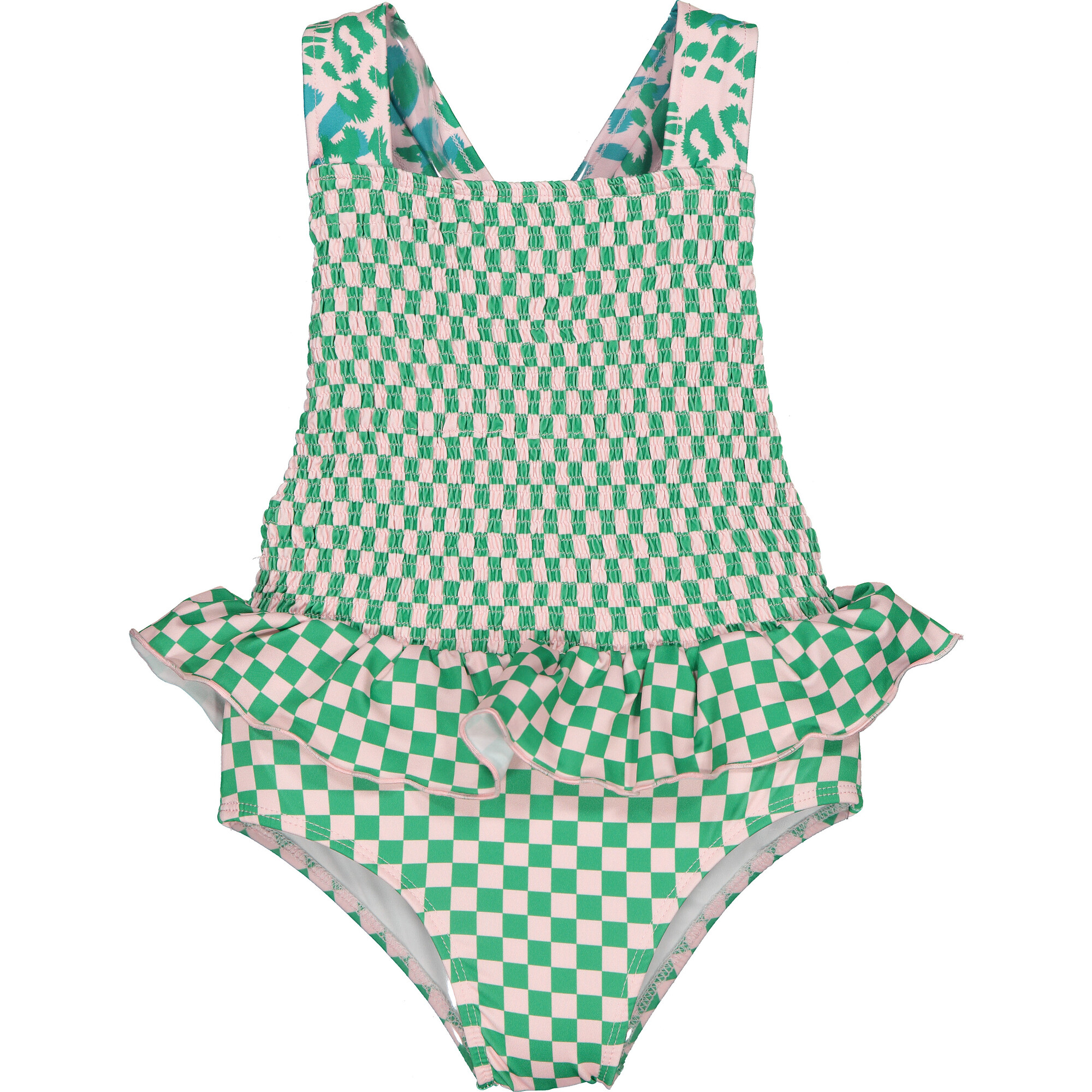 Squares Elastic Dotted Straps Swimsuit, Green - One Pieces - 1