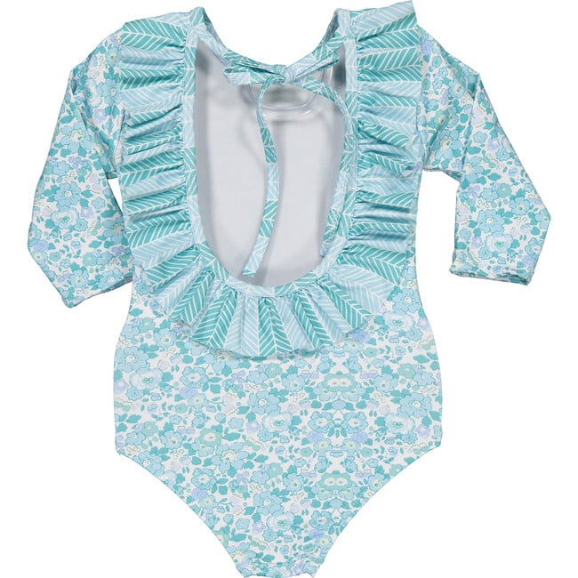 Patterned Long Sleeve Swimsuit, Aqua - One Pieces - 3