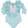 Patterned Long Sleeve Swimsuit, Aqua - One Pieces - 3