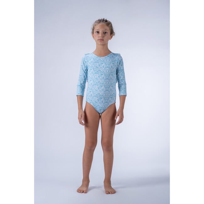 Patterned Long Sleeve Swimsuit, Aqua - One Pieces - 6