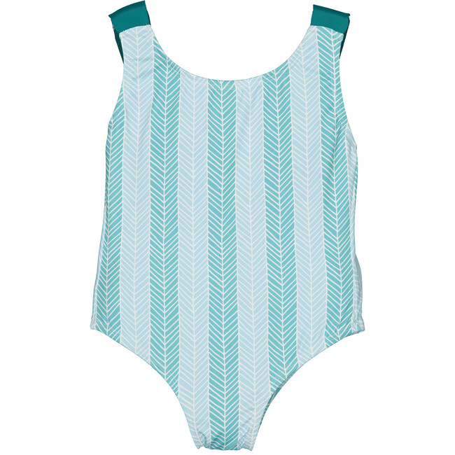 Herringbone Pattern Ruffle Strap Swimsuit, Aqua & Teal