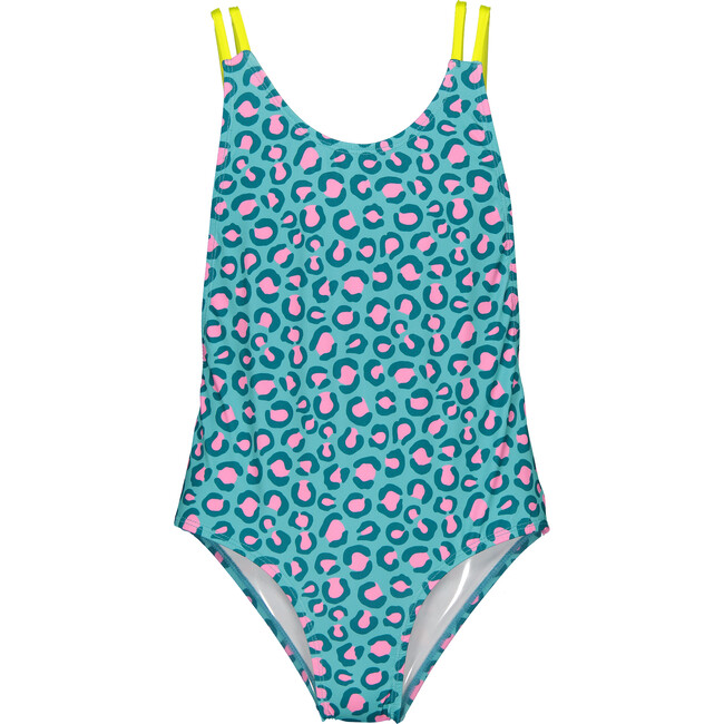 Animal Dots & Solid Strap Swimsuit, Teal & Yellow