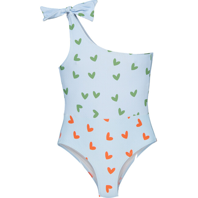 Asymmetric Textured Hearts Swimsuit, Red, Orange & Green
