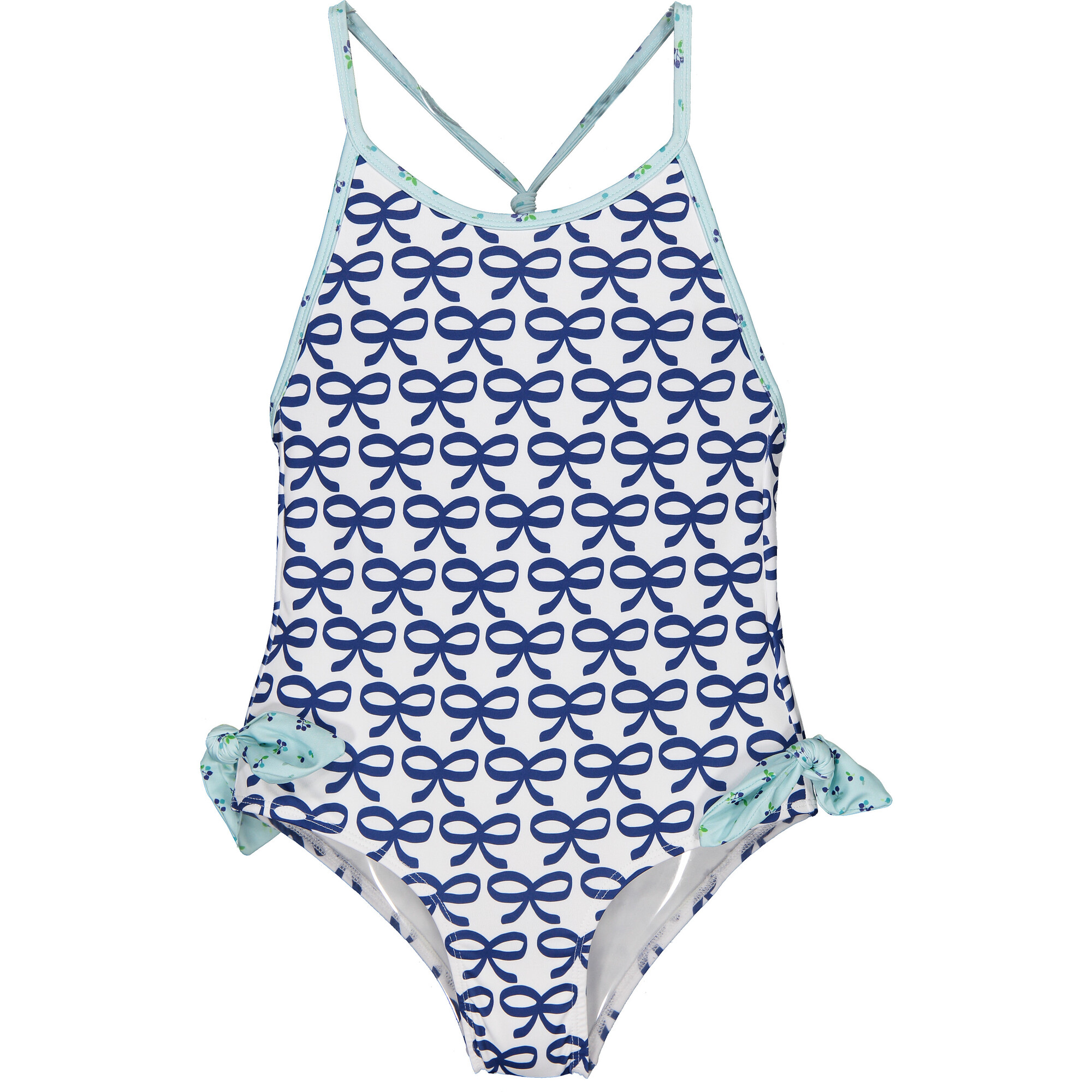 Berries & Bows Tie Bottom Swimsuit, Blue - One Pieces - 1