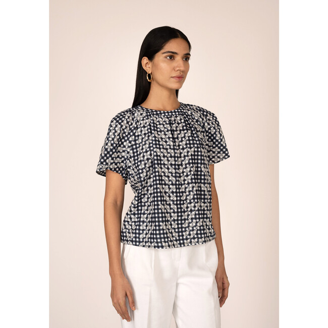 Women's Rada Gingham Gathered Neck Raglan Sleeve Top, Black - Blouses - 3