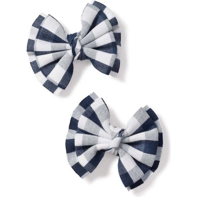 Set of 2 Small Hair Bows, Navy Gingham