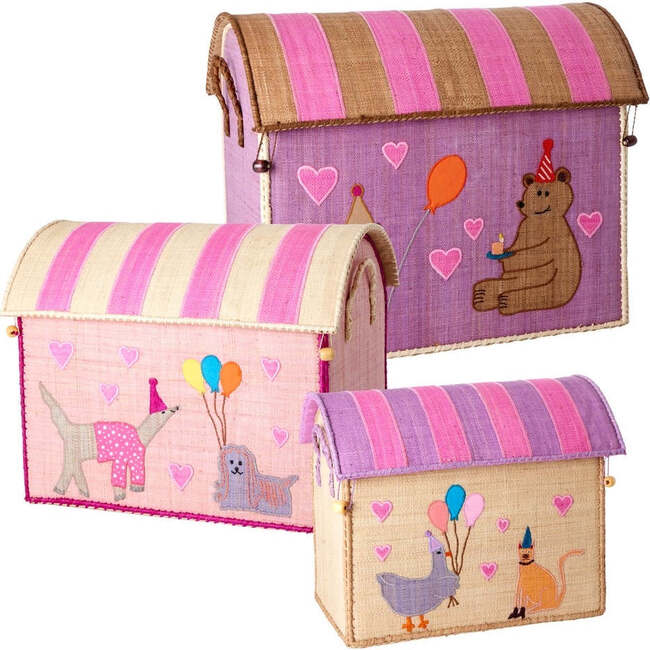 Raffia Themed Storage Baskets Set, Pink Party Animal (Set Of 3)