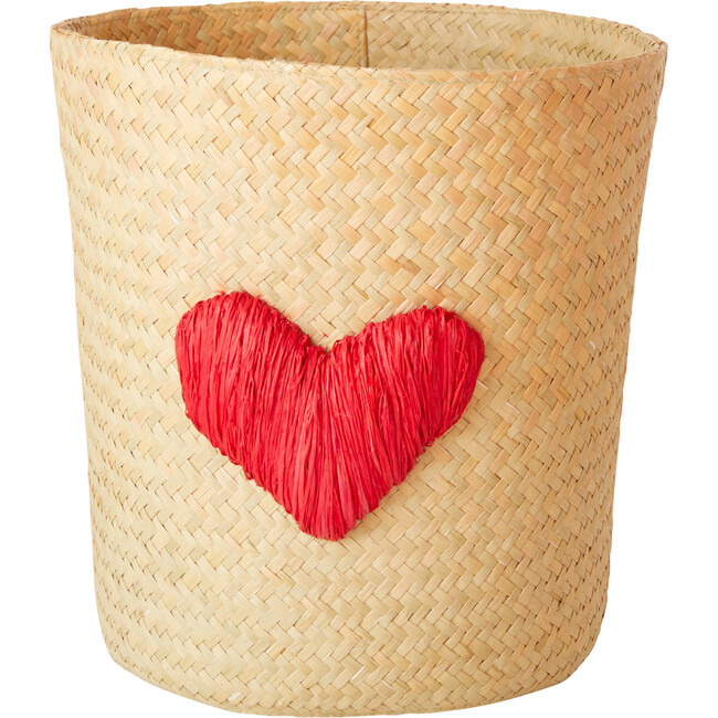 Raffia Heart Applique Small Round Storage Basket, Natural & Red