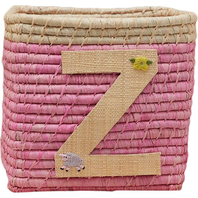 Raffia Contrast Border Square Basket With Embroidery On Raffia Letter - Z, Pink & Natural