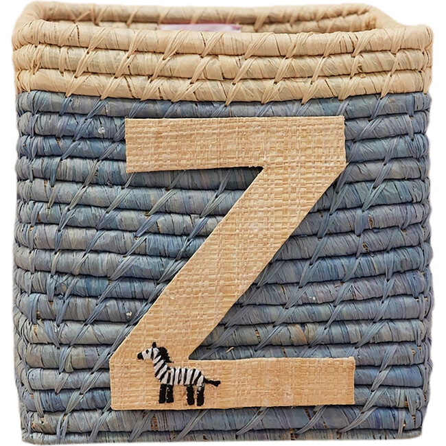 Raffia Contrast Border Square Basket With Embroidery On Raffia Letter - Z, Blue & Natural
