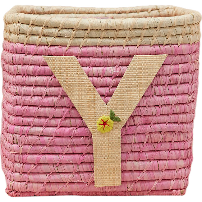 Raffia Contrast Border Square Basket With Embroidery On Raffia Letter - Y, Pink & Natural