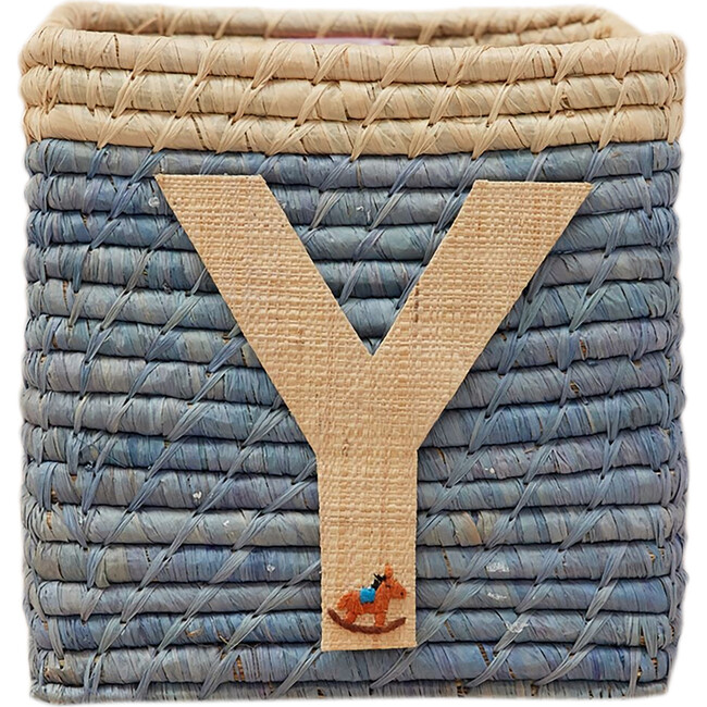 Raffia Contrast Border Square Basket With Embroidery On Raffia Letter - Y, Blue & Natural