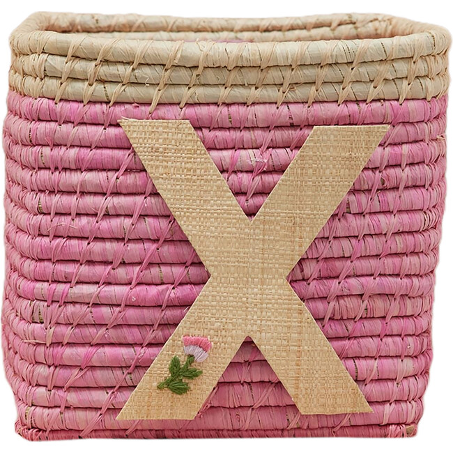 Raffia Contrast Border Square Basket With Embroidery On Raffia Letter - X, Pink & Natural